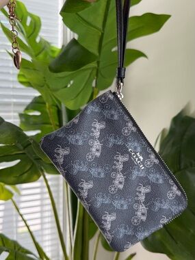 Coach Blue & Gray Signature Wristlet with Carriage Print